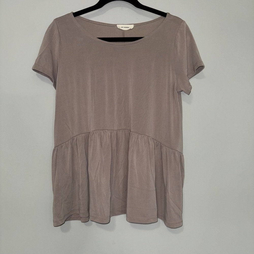 EE:SOME‎ Womens Taupe Short Sleeve Peplum Ruffle Hem Scoop Neck Top Size M